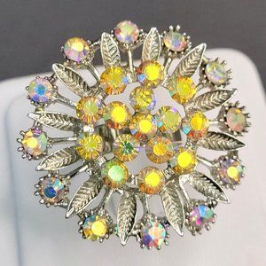 Womens Silver Tone Flower Shaped AB Aurora Borealis Crystal Fashion Ring Size 7